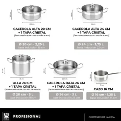 Batería de cocina 9 piezas acero inoxidable sin antiadherente Profesio