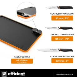 Set de 3 cuchillos Efficient con tabla para cortar